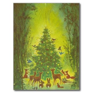 Christmas Greetings Gathering around a tree_1950 Postcards