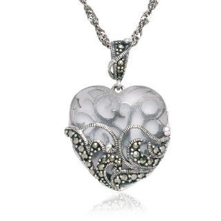 Sterling Silver Marcasite and Clear Glass Heart Pendant Necklace, 18" Jewelry