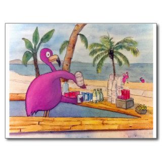 Whimsical Pink Flamingo Pours Party Drinks Beach Post Card