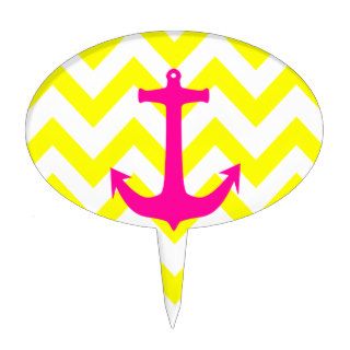 Neon Pink Nautical Anchor Yellow Chevron Pattern Cake Toppers