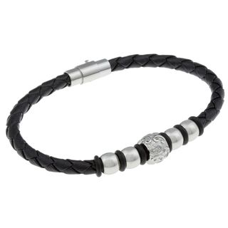 Stainless Steel and Black Braided Leather Bracelet Men's Bracelets