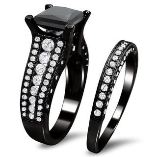 18k Gold 4ct TDW Certified Princess Cut Black and White Diamond Ring Set (E F, VS1 VS2) Bridal Sets