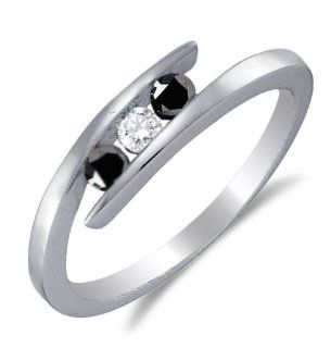 .925 Sterling Silver Plated in White Gold Rhodium White and Black Diamond Cross Over Engagement OR Fashion Right Hand Ring Band   3 Three Stone Center Setting Shape w/ Channel Set Round Diamonds   (1/4 cttw) Sonia Jewels Jewelry
