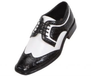 Bolano Mens Two Tone Faux Crocodile Print and Smooth Black and White Oxford Dress Shoe Style Dylan Black 473 Shoes
