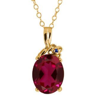 3.37 Ct Oval Red Created Ruby Blue Sapphire 14K Yellow Gold Pendant Jewelry