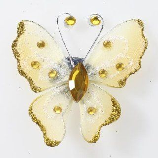 Mini Golden Sunshine Nylon Mesh Craft Butterflies Adorned with Gold Gems and Glitter   96 Pieces