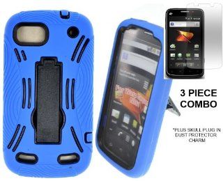ZTE WARP SEQUENT N861 BLUE ON BLACK HYBRID KICKSTAND CASE + 2 FRONT SCREEN PROTECTORS + SKULL DUST PROTECTOR PLUG IN CHARM Cell Phones & Accessories