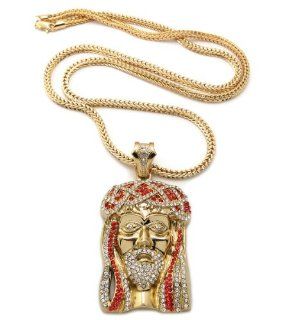 New Iced Out Gold/Red Rhinestone Jesus Face Pendant w/4mm 36" Franco Chain Necklace MP474GRD Jewelry