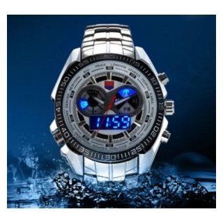 TVG Stainless Steel White Men's Clock Fashion Blue Binary LED Pointer Mens Waterproof Watches Watches