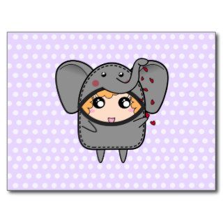 Kawaii Jungle Chibi Elephant Hearts Girl Post Cards