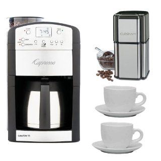 Capresso 465 Refurbished CoffeeTeam TS 10 Cup Digital Coffeemaker with Conical Burr Grinder and Thermal Carafe + Cuisinart DCG 12BC Grind Central Coffee Grinder + Two 13oz White Tiara Cappuccino Cups Drip Coffeemakers Kitchen & Dining