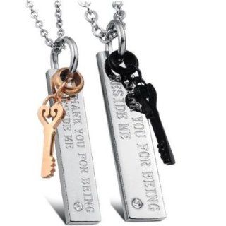 Stainless Steel Black And Gold Tone "Thank you for being beside me" Key Couples Pendant Necklace Set Jewelry