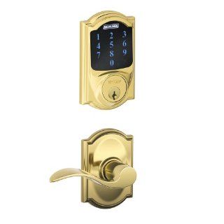 Schlage FBE469NX ACC 605 CAM Touchscreen Deadbolt with Z Wave Technology, Built In Alarm, and Passage Lever with Decorative Trim, Bright Brass   Door Levers  