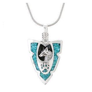 Southwestern Wolf and Wolf Paw Arrowhead Pendant in Sterling Silver with Turquoise Chip Inlay on a 20" Rhodium Snake Chain for Men or Women, #7897 Pendant Necklaces Jewelry