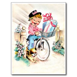 Little Boy Bicycle   Retro Happy Birthday Post Cards