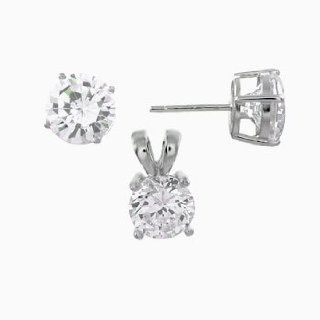 Sterling Silver 7mm Round Brilliant Cz Earrings & Pendant Set Jewelry