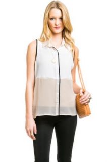 Two Toned Sheer Blouse in Beige and White, Large