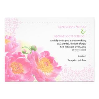 Pink peony flowers and lace wedding personalized invitations
