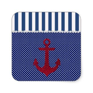 Blue & White Polka Dots Stripes Nautical Anchor Square Sticker