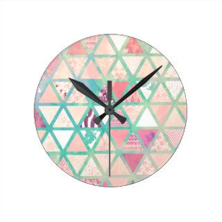 Pink Turquoise Abstract Floral Triangles Patchwork Wallclocks