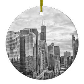 Chicago Cityscape Black and White Christmas Ornaments