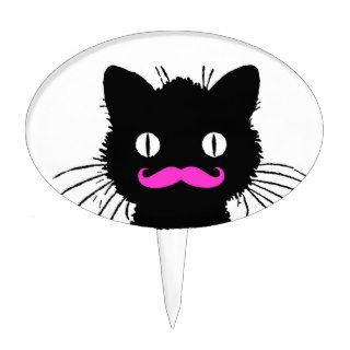 FUNNY PINK MUSTACHE BLACK CAT CAKE TOPPERS