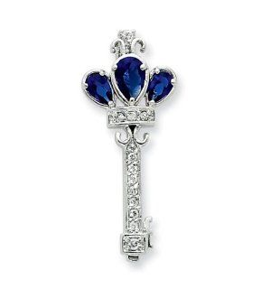925 Sterling Silver Blue Glass & CZ Key Pendant Jewelry