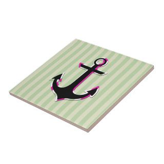 Anchor and Stripes   Black, Green, Pink, White Ceramic Tiles