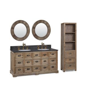 Legion Furniture 60 inch Marble Top Double Sink Rustic Bathroom Vanity With Matching Dual Wall Mirrors And Linen Tower Black Size Double Vanities