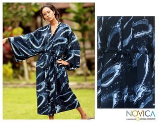 'Sea of Shadows' Women's Batik Robe (Indonesia) Novica Women's Clothing