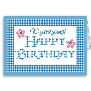90th Birthday Card, Blue Check Gingham