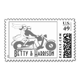 Custom bride and groom wedding motorcycle postage stamp