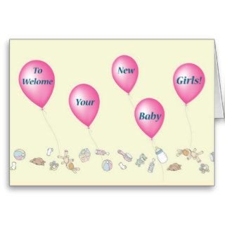 New Twin Girls, baby toys and pink balloons Greeting Card