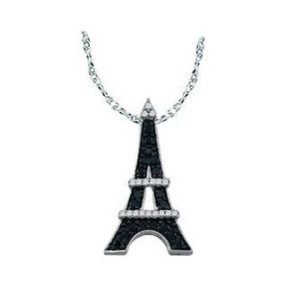 10k White Gold Black Colored & Natural Pave set Round Womens Ladies Eiffel Tower French France Fashion Pendant with 18" Chain   .33 (1/3) Ct.t.w. Pendant Necklaces Jewelry