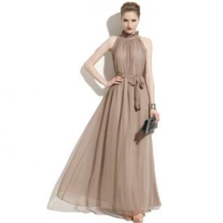 R.j Story Elegant Summer Chiffon Ruffle Neck Sleeveless Evening Ball Gown Long Maxi Dress (Khaki)