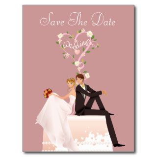 Bride & Groom Sitting on Cake Pink Save The Date Postcard