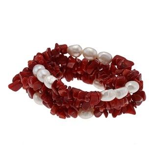 DaVonna White Baroque FW Pearls and Red Coral 5 Stretch Bracelets Set (7 8 mm) DaVonna Pearl Bracelets