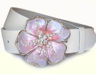 Plain White Leather Belt with five petal Pink Rhinestone Flower Belt Buckle Size L   39 Apparel Belts