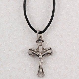 Hand Engraved New England Pewter Crucifix Cross Medal on a 18" Black Leather Cord. Jewelry