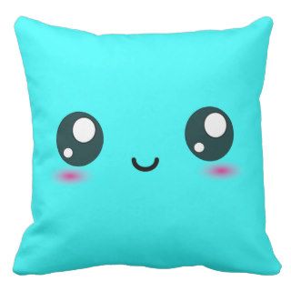Cute Kawaii Smiley Cushion   Bright Cyan Blue Throw Pillows