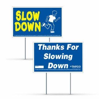 Slow Down Lawn Sign, 24"x16" Corrugated Plastic, Double Sided Sign, w/TAPCO Logo & Wire Stake incl. Industrial Warning Signs