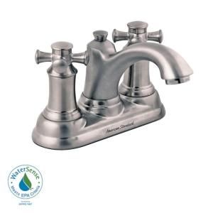 American Standard Portsmouth Single Hole 2 Handle Mid Arc Bathroom Faucet in Satin Nickel with Cross Handles and Speed Connect Drain 7415.221.295