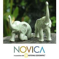 Set of 2 Celadon Ceramic 'Welcoming Elephants' Sculptures (Thailand) Novica Statues & Sculptures