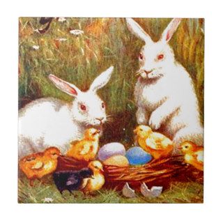 Vintage Easter Egg Bunny Chicks Easter Card Ceramic Tiles