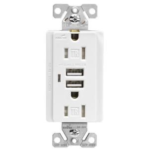 Cooper Wiring Devices 15 Amp Decorator USB Charging Electrical Duplex Outlet   White TR7745W K