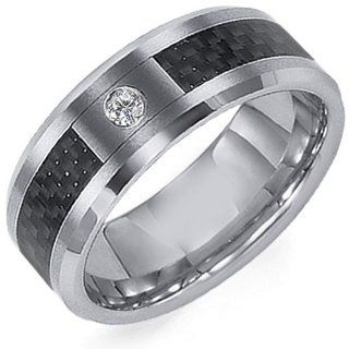 8mm Black Carbon Fiber Inlay Tungsten Carbide Wedding Band Ring with Genuine Real White Round Diamond Stone (0.05ctw). Sizes ( 8 12 ) Please E mail Real Titanium Rings Jewelry