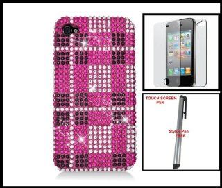 For iPhone 4G 4S Full Diamond Cover Case Hot Pink White Pattern + Front & Back Clear Screen Protector + One FREE Silver Touch Screen Stylus Pen Cell Phones & Accessories