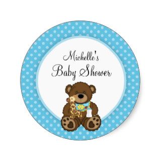 Baby Bear Blue Polka Dots Boy Baby Shower Round Stickers