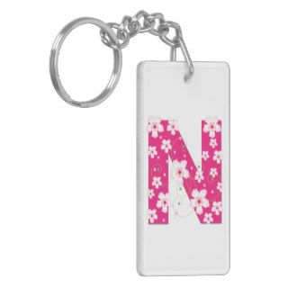 Monogram initial letter N pink hibiscus flowers Rectangular Acrylic Keychain