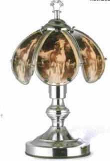 14.25"h Glass Running Horse Theme Sterling Silver Base Touch Lamp   Table Lamps  
